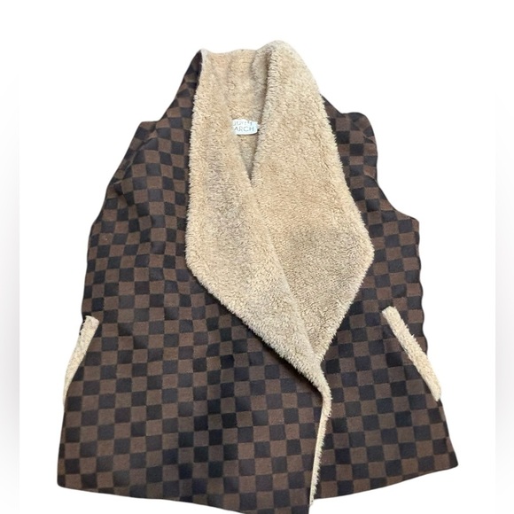 Judith March Brown Fleece Lined Vest Designer Faux Fur Checkered Design Size S - Picture 4 of 8